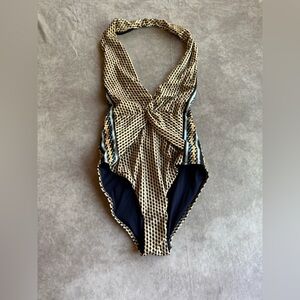 Reiss Blue and Tan One Piece with Textured Bow Detail